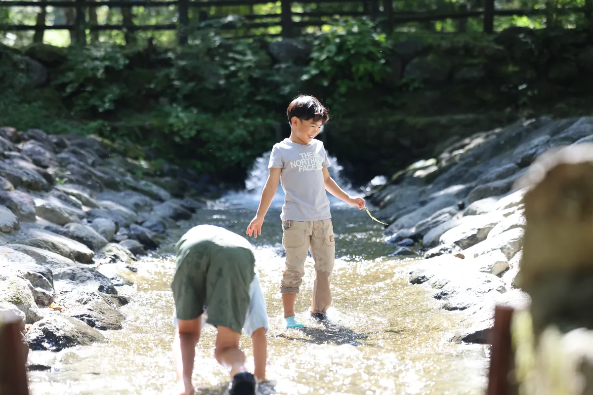 子どもたちが南アルプス三景園オートキャンプ場内の川で水遊びをしている様子