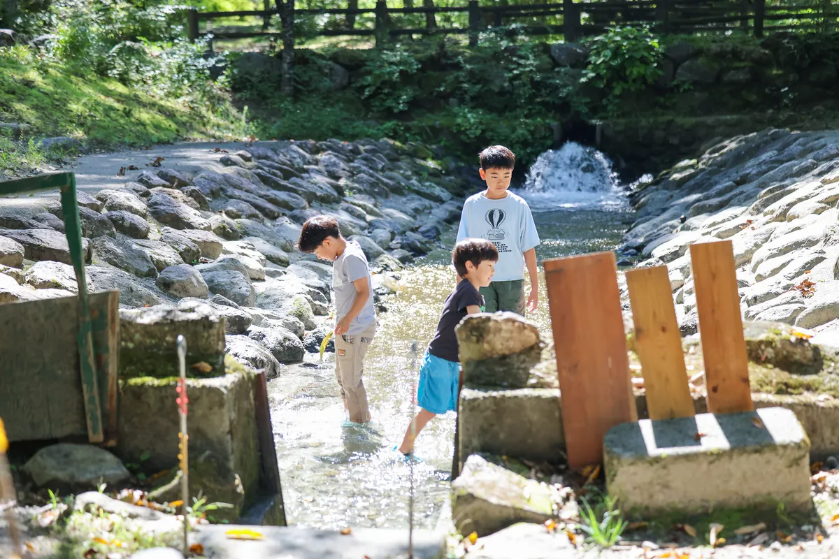 南アルプス三景園オートキャンプ場の清流で子供たちが水遊びを楽しむ様子